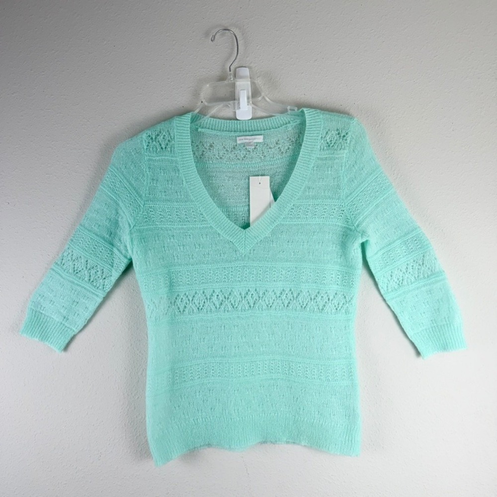 New York & Company V-Neck Sweater S Mint Green Pointelle Mohair Blend Pastel